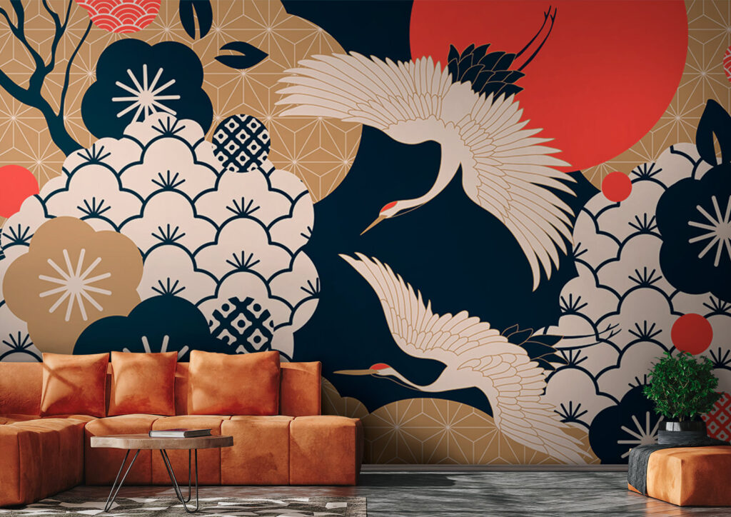 Art of cranes flying in the sky