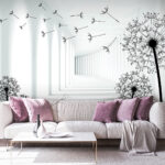 Fototapeta Dziewczyna jadąca na rowerze w pokoju z mleczami