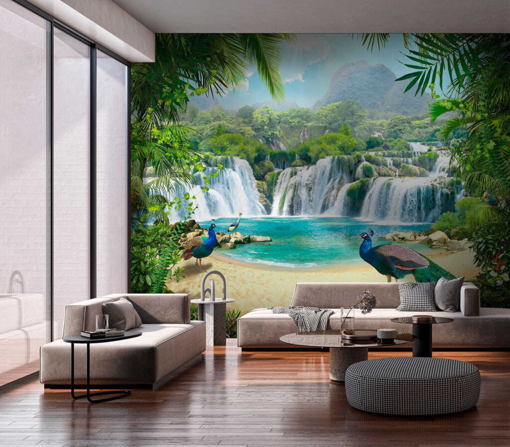 Waterfall and birds in a forest