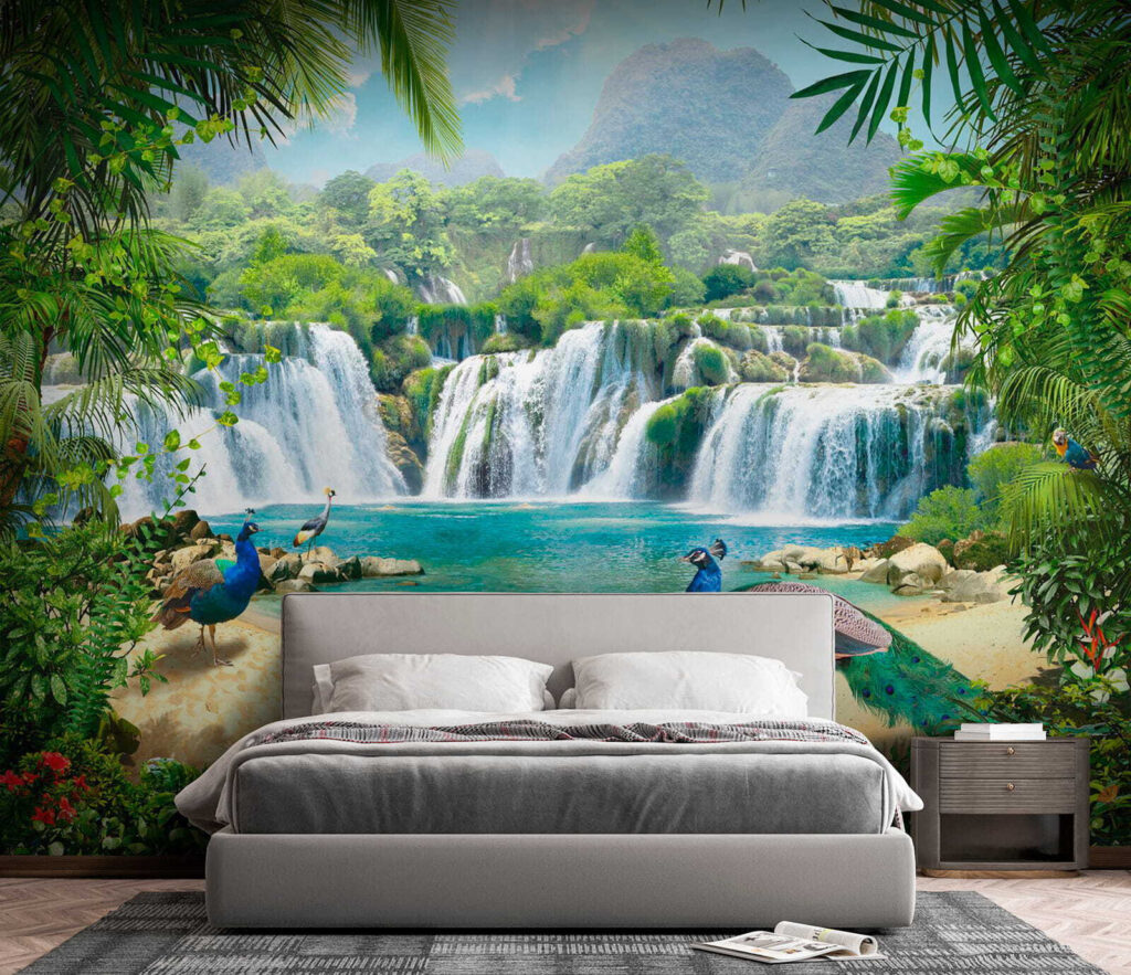 Waterfall and birds in a forest