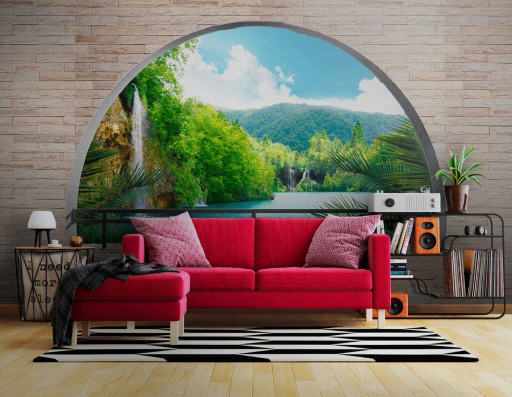 Window with a waterfall and trees