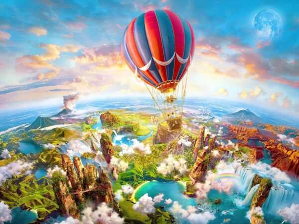 Balon na ogrzane powietrze nad krajobrazem Balon na ogrzane powietrze nad krajobrazem