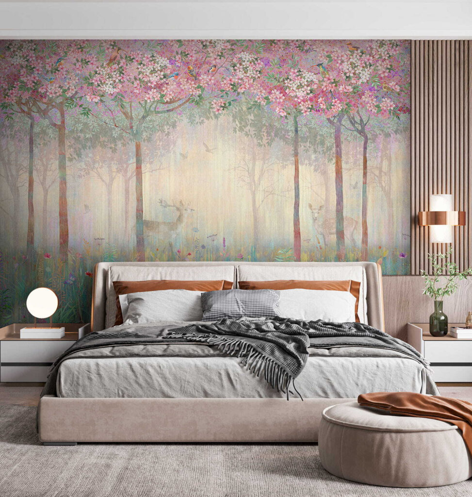 Painting of a forest with trees and flowers