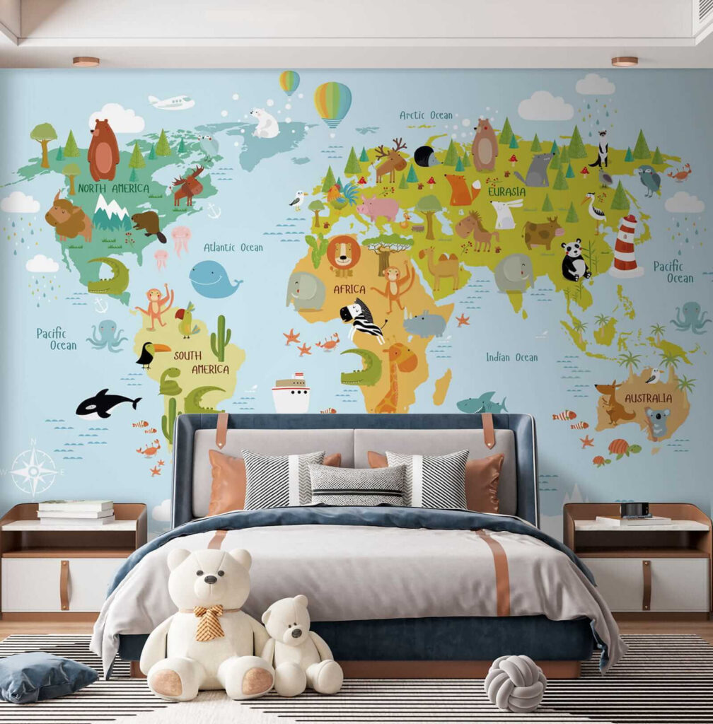 Map of the world with animals