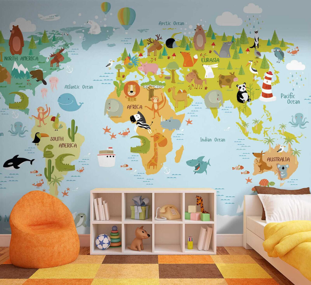 Map of the world with animals