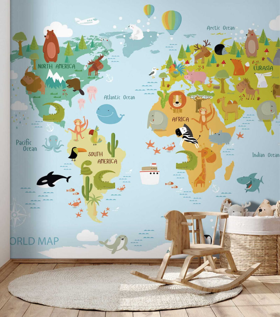 Map of the world with animals