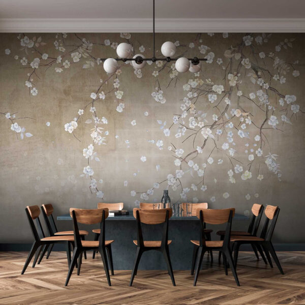 Tree branch with white and blue flowers