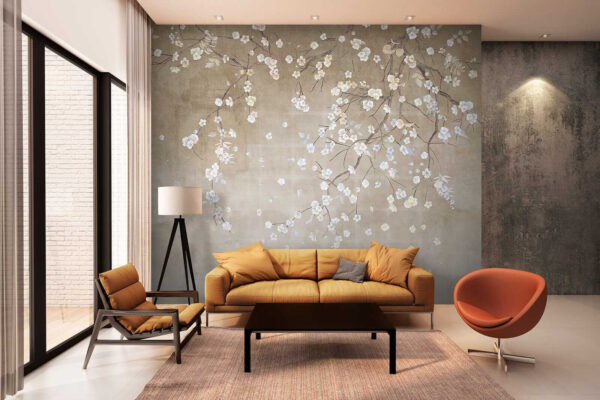 Tree branch with white and blue flowers