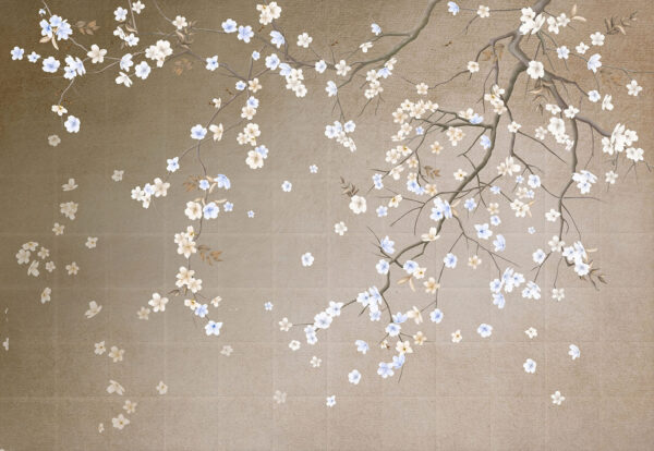 Tree branch with white and blue flowers