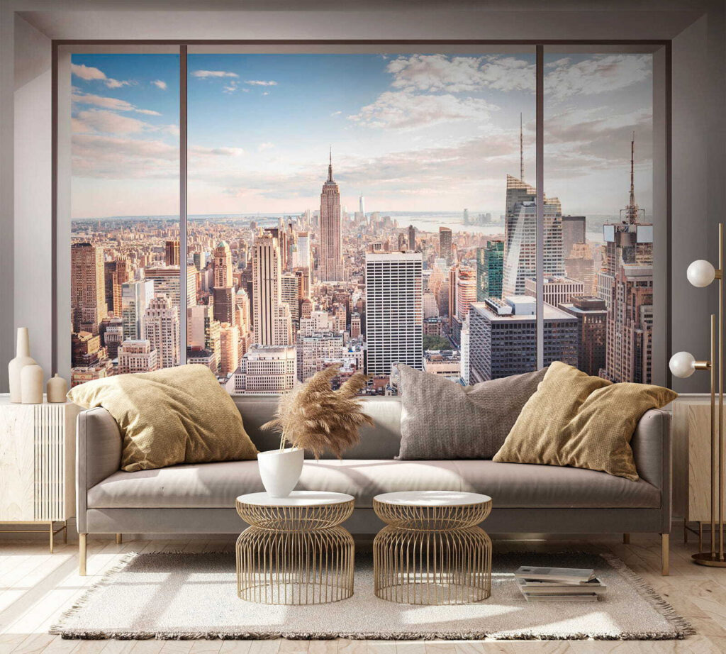 Large window with a city view Large window with a city view