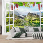 Fototapeta Okno z widokiem na jezioro i góry