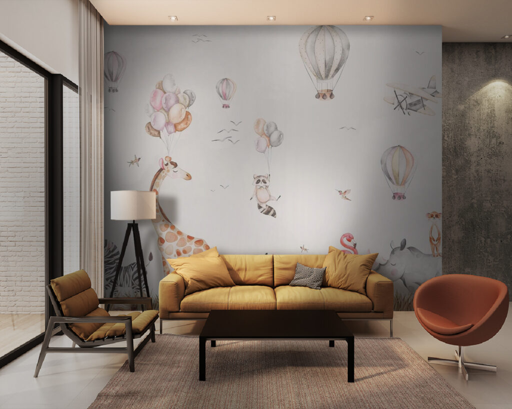 Wall mural of animals and hot air balloons