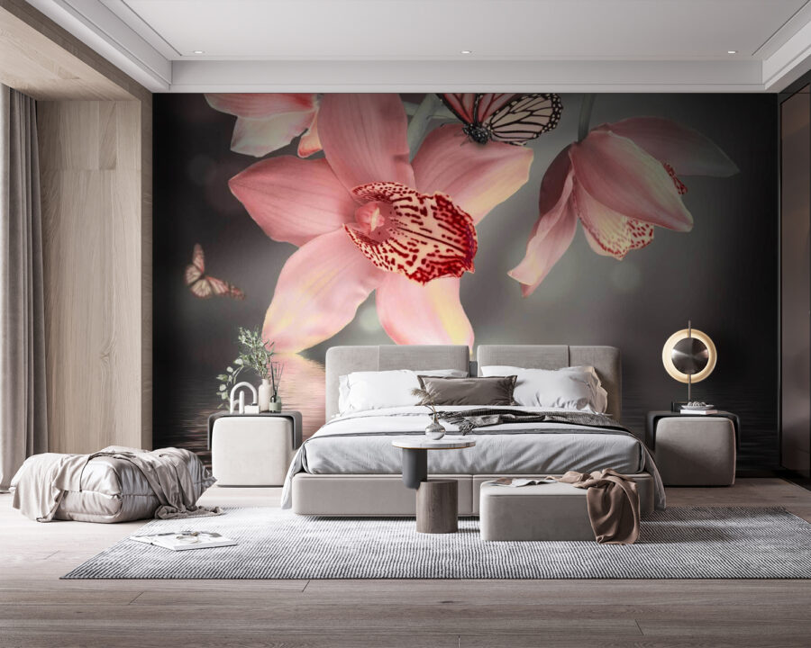 Różowe orchidee i motyle na gałęzi Różowe orchidee i motyle na gałęzi