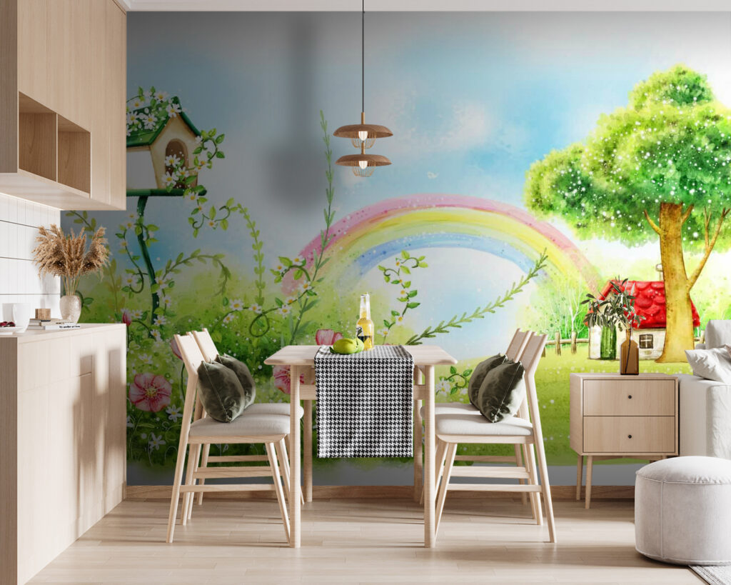 Rainbow and flowers in a green field
