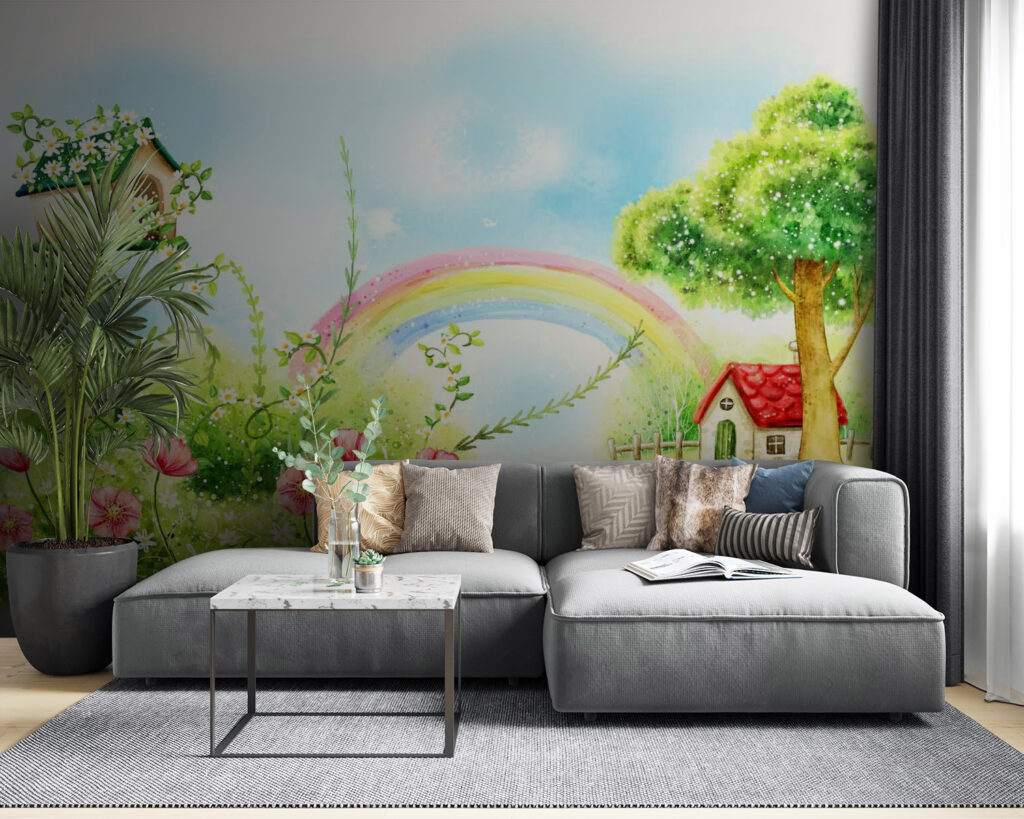 Rainbow and flowers in a green field