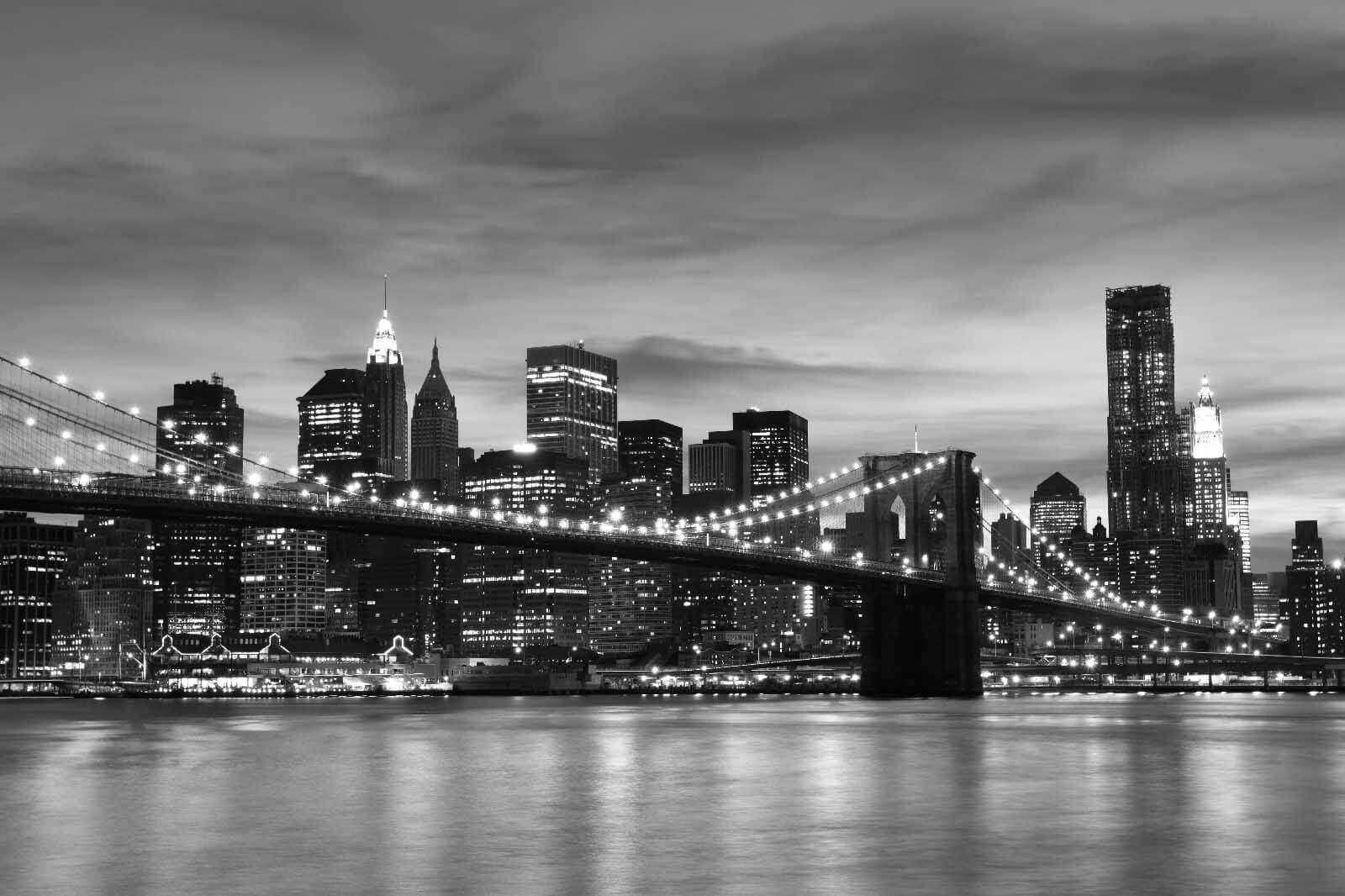 Bridge over water with city skyline in the background