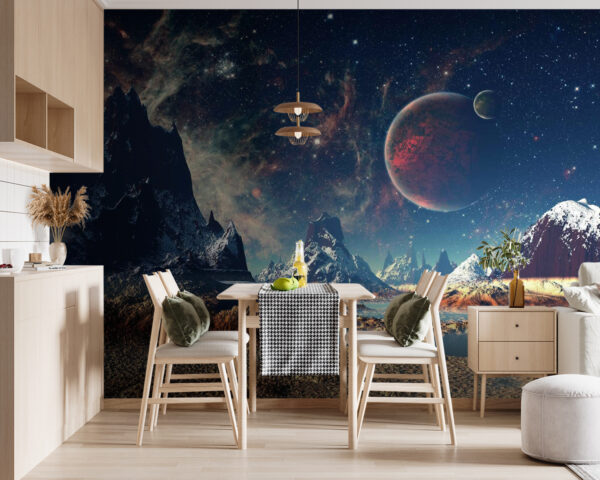 Krajobraz gór i wody z planetami i gwiazdami Krajobraz gór i wody z planetami i gwiazdami