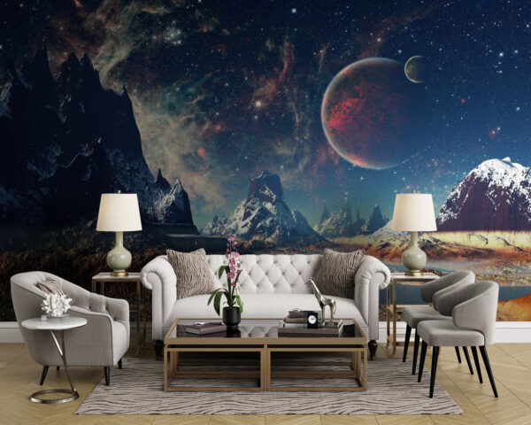 Krajobraz gór i wody z planetami i gwiazdami Krajobraz gór i wody z planetami i gwiazdami
