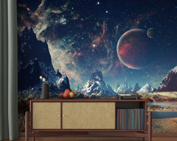 Krajobraz gór i wody z planetami i gwiazdami Krajobraz gór i wody z planetami i gwiazdami