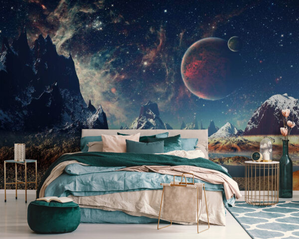 Krajobraz gór i wody z planetami i gwiazdami Krajobraz gór i wody z planetami i gwiazdami