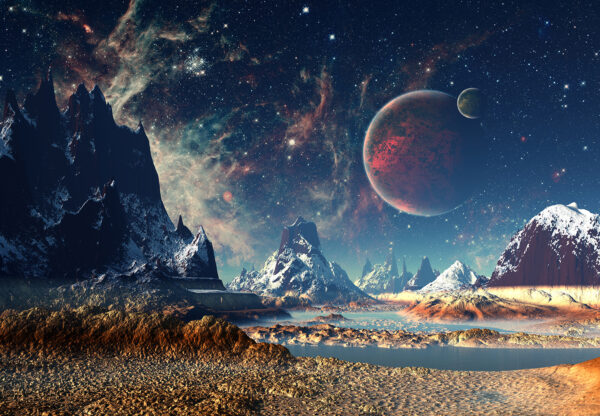 Krajobraz gór i wody z planetami i gwiazdami Krajobraz gór i wody z planetami i gwiazdami