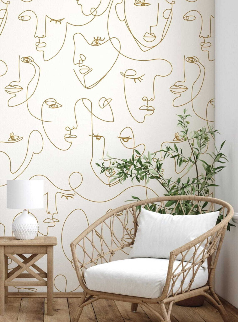 Pattern of faces drawn with thin lines