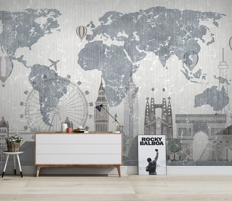 Map of the world with buildings and a ferris wheel Map of the world with buildings and a ferris wheel