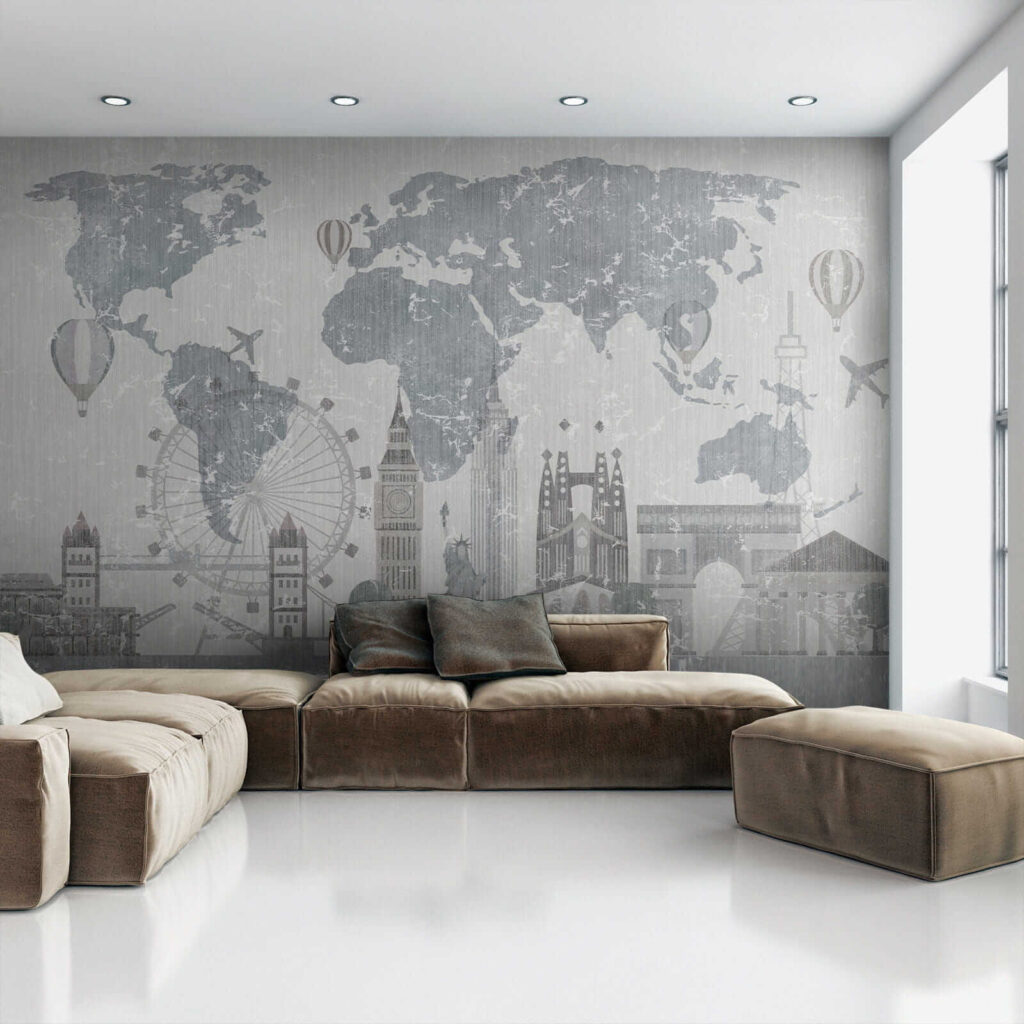 Map of the world with buildings and a ferris wheel Map of the world with buildings and a ferris wheel