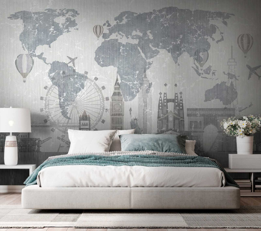Map of the world with buildings and a ferris wheel Map of the world with buildings and a ferris wheel