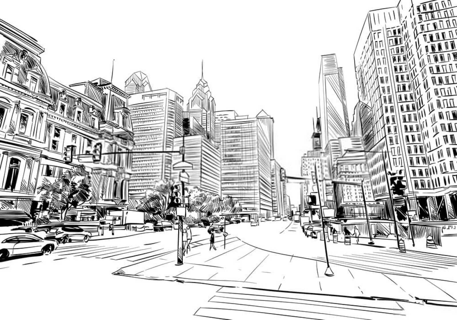 Drawing of a city street Drawing of a city street