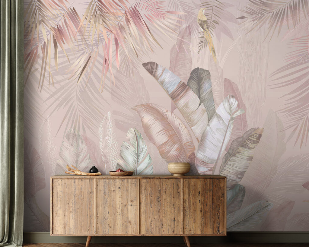 Tropical leaves in soft pastel hues