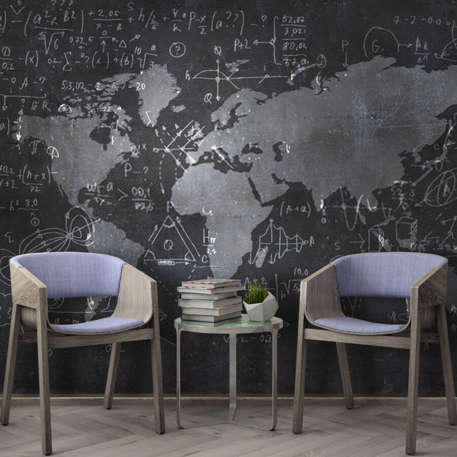 Tablica kredowa z mapą i równaniami matematycznymi