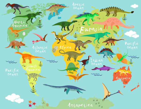 Mapa dinozaurów z białym tekstem Mapa dinozaurów z białym tekstem