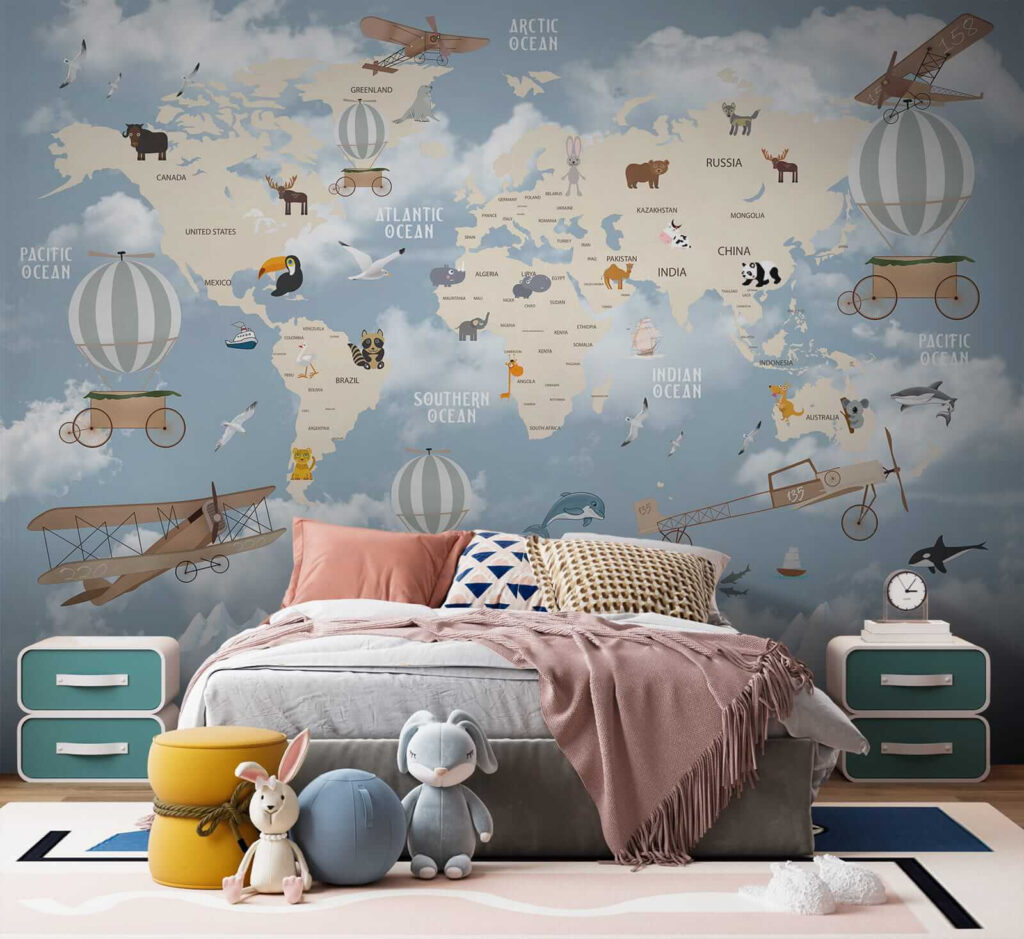 Map of the world with different animals and birds Map of the world with different animals and birds