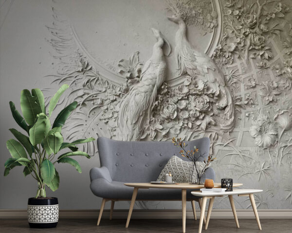 White wall with a couple of birds and flowers