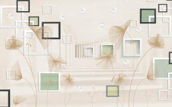 u40860p 600x375 - Tapeta z białymi i brązowymi kwiatami i motylami - tegory