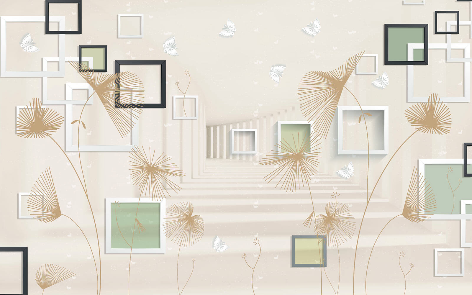 u40860p - Tapeta z białymi i brązowymi kwiatami i motylami - tegory