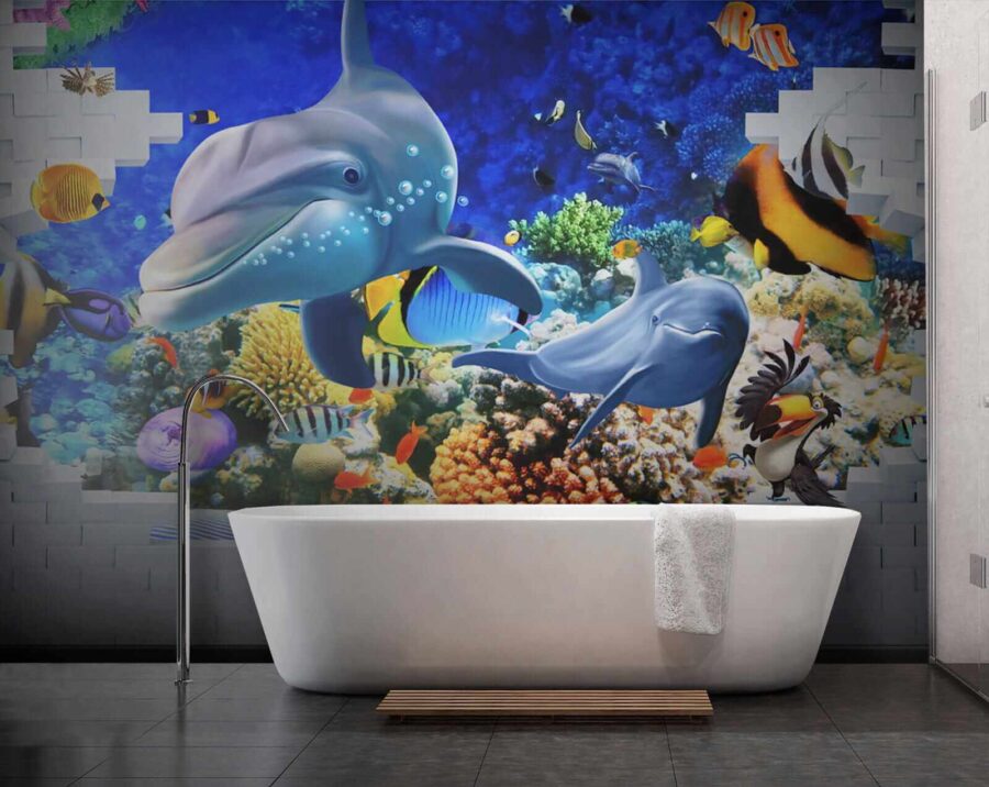 Mural przedstawiający rybę i delfiny