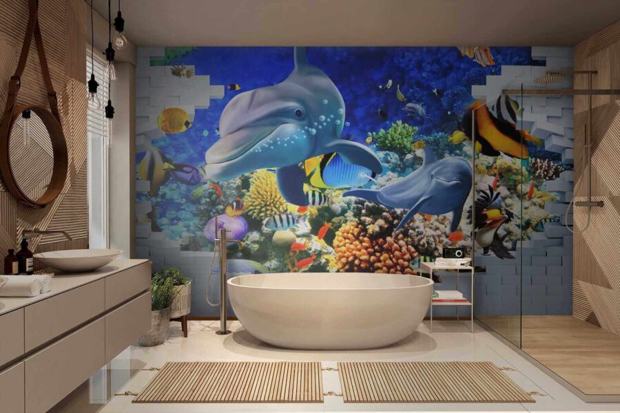 Mural przedstawiający rybę i delfiny