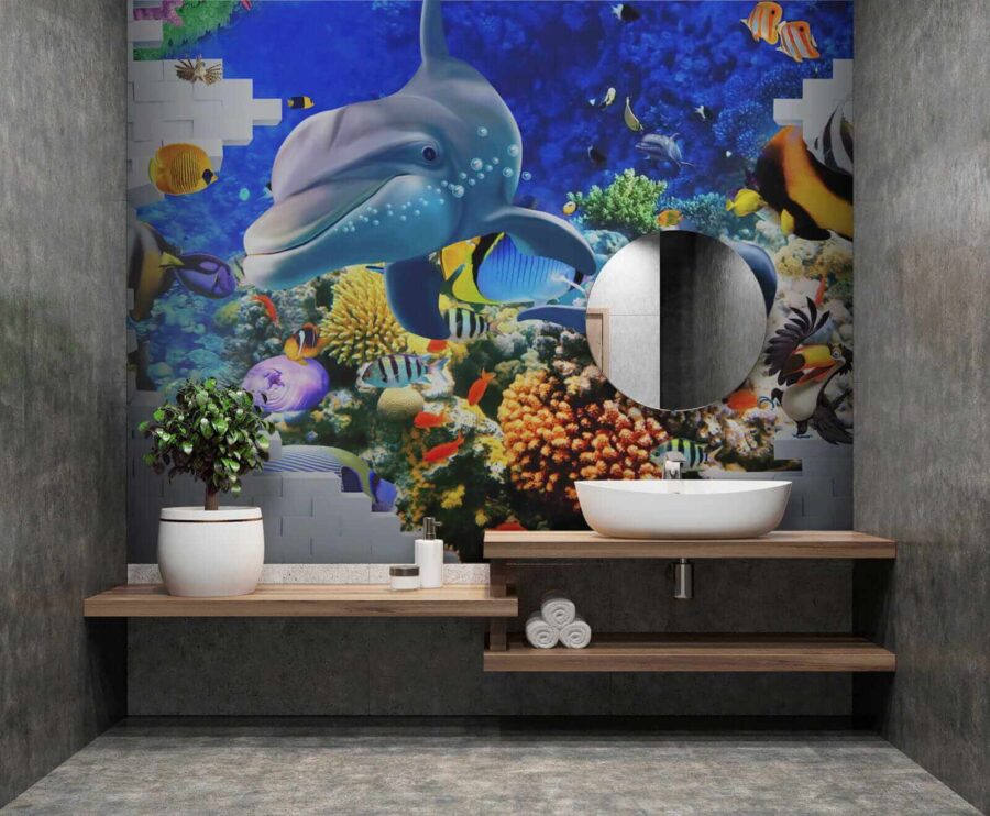 Mural przedstawiający rybę i delfiny