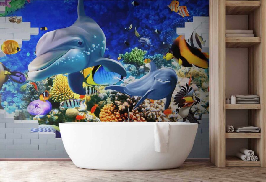 Mural przedstawiający rybę i delfiny