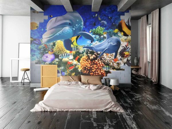 Mural przedstawiający rybę i delfiny Mural przedstawiający rybę i delfiny