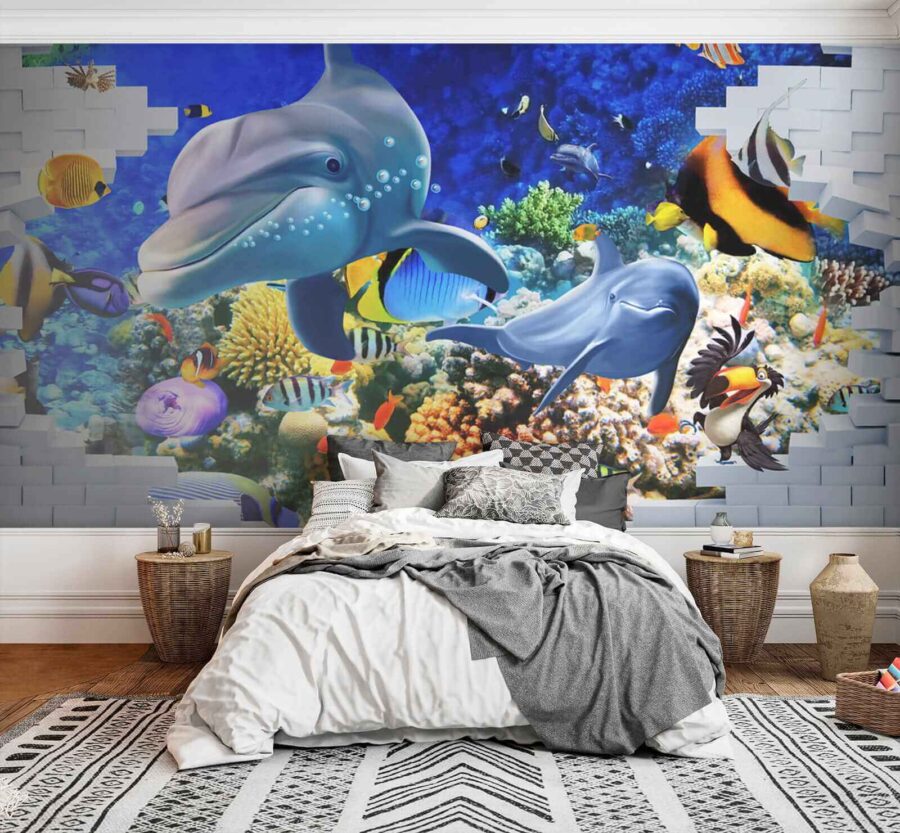 Mural przedstawiający rybę i delfiny