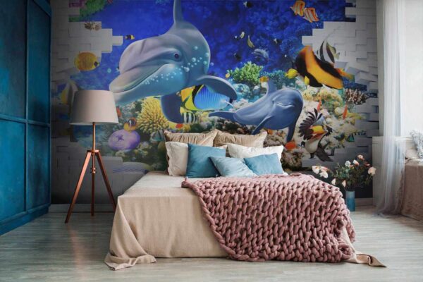 Mural przedstawiający rybę i delfiny Mural przedstawiający rybę i delfiny