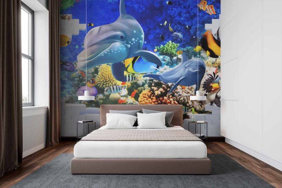 Mural przedstawiający rybę i delfiny