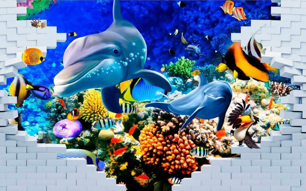 Mural przedstawiający rybę i delfiny Mural przedstawiający rybę i delfiny
