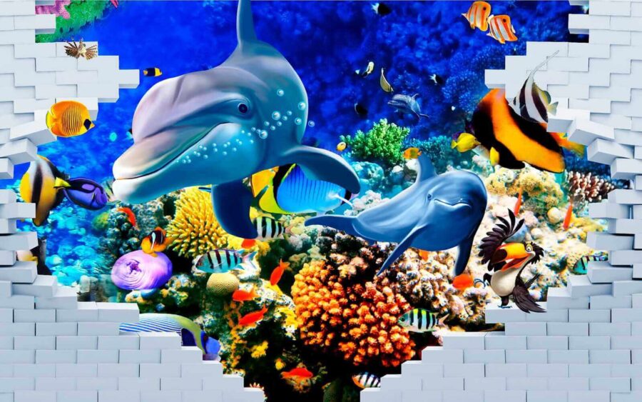 Mural przedstawiający rybę i delfiny