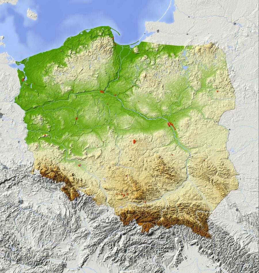 Mapa Polski z lądem i wodą