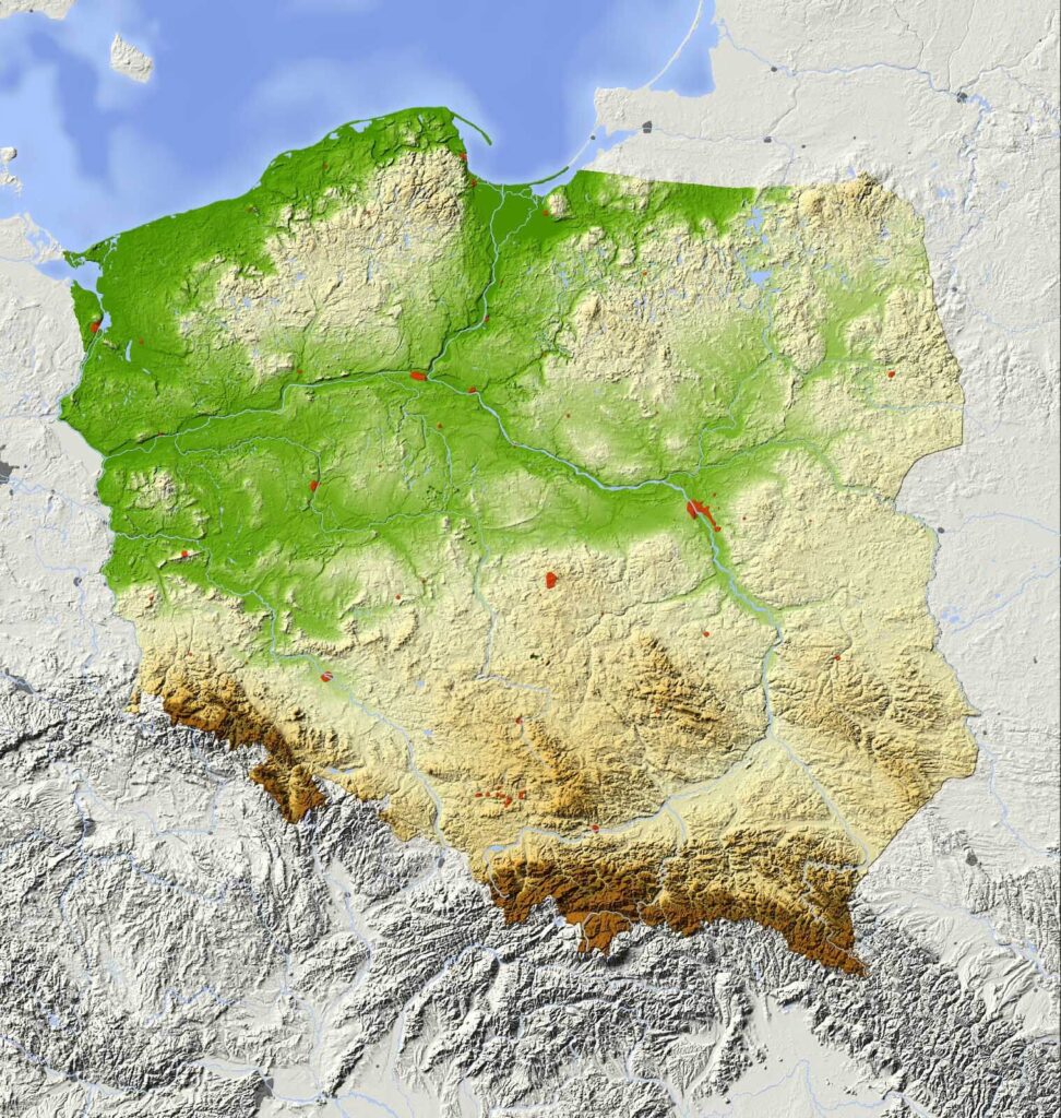 Mapa Polski z lądem i wodą Mapa Polski z lądem i wodą