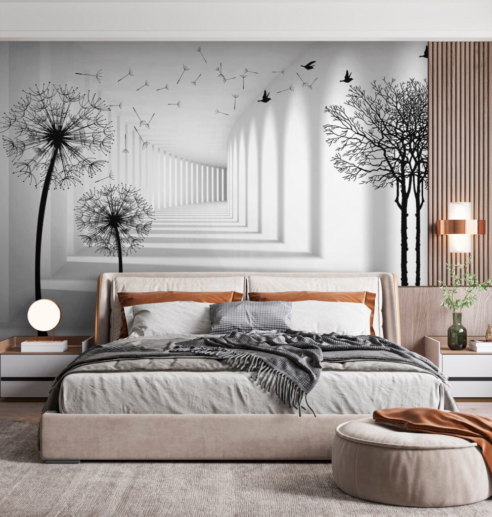 White room with trees and birds flying White room with trees and birds flying